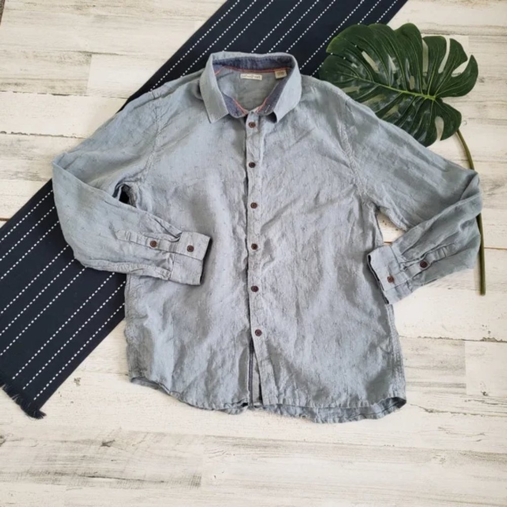 Carbon2Cobalt| Linen Texured Long Sleeve Button Front Shirt Large